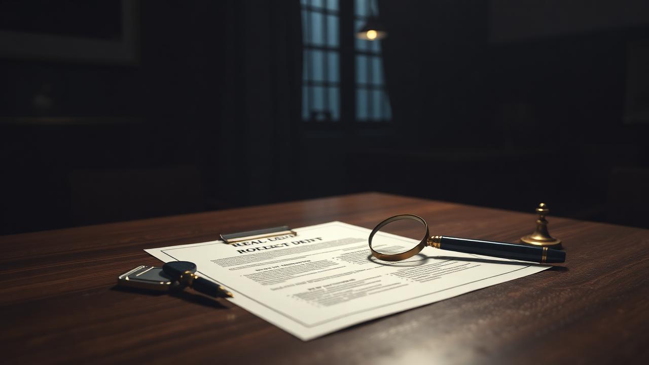 Documentos de imóvel sobre mesa de escritório de advocacia com lupa